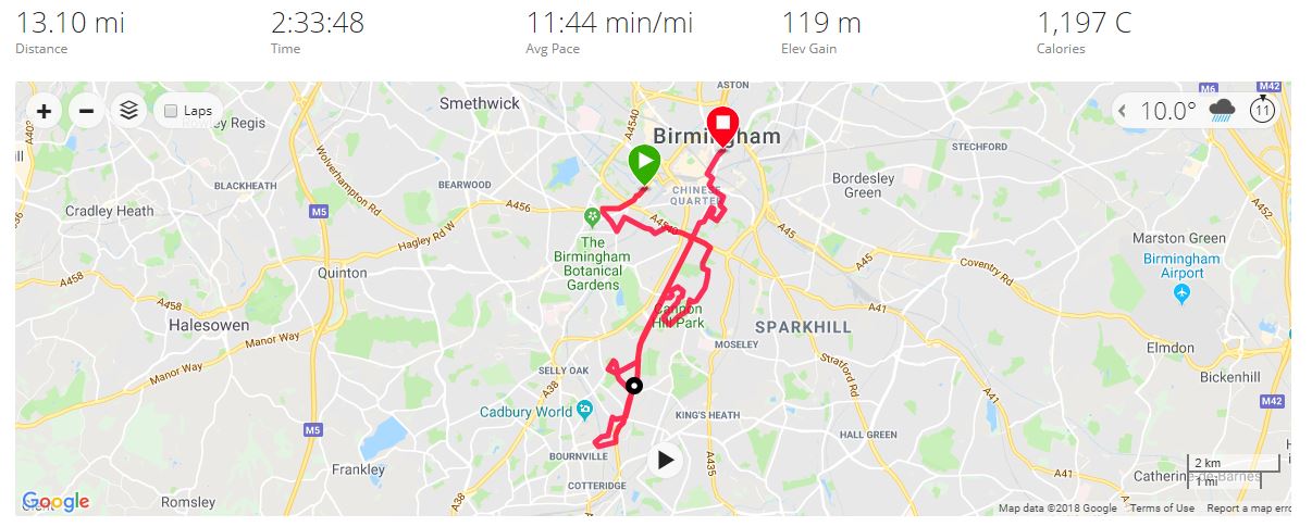 Birmingham Half Marathon Garmin Map